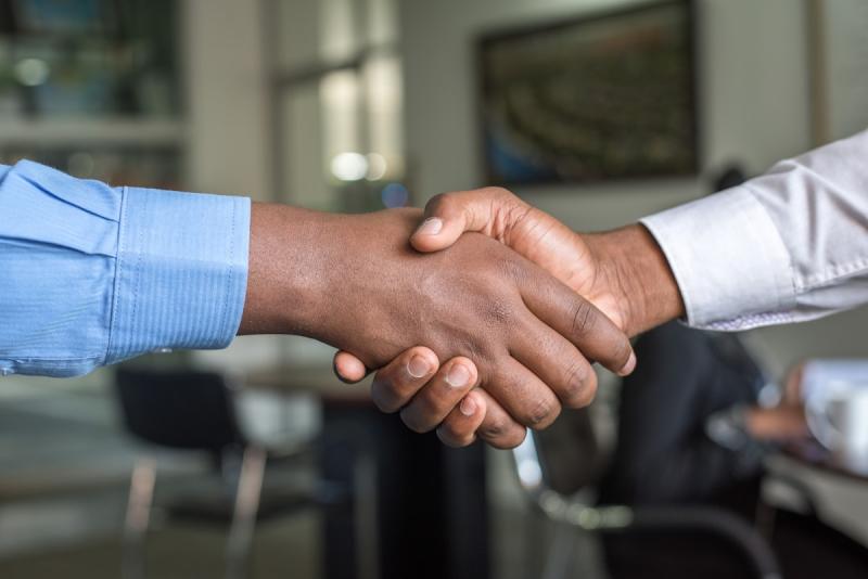 Two professionals sealing a fair agreement with a handshake